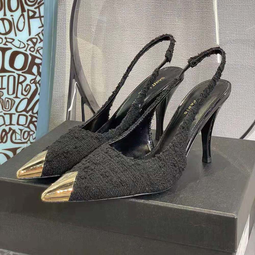 Saint Laurent YSL Women Vesper Slingback Pumps in Boucle Tweed-Black - image 4