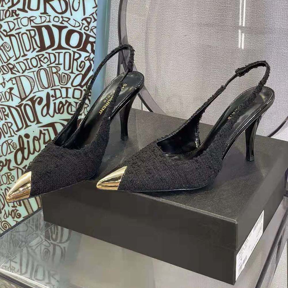 Saint Laurent YSL Women Vesper Slingback Pumps in Boucle Tweed-Black - image 5