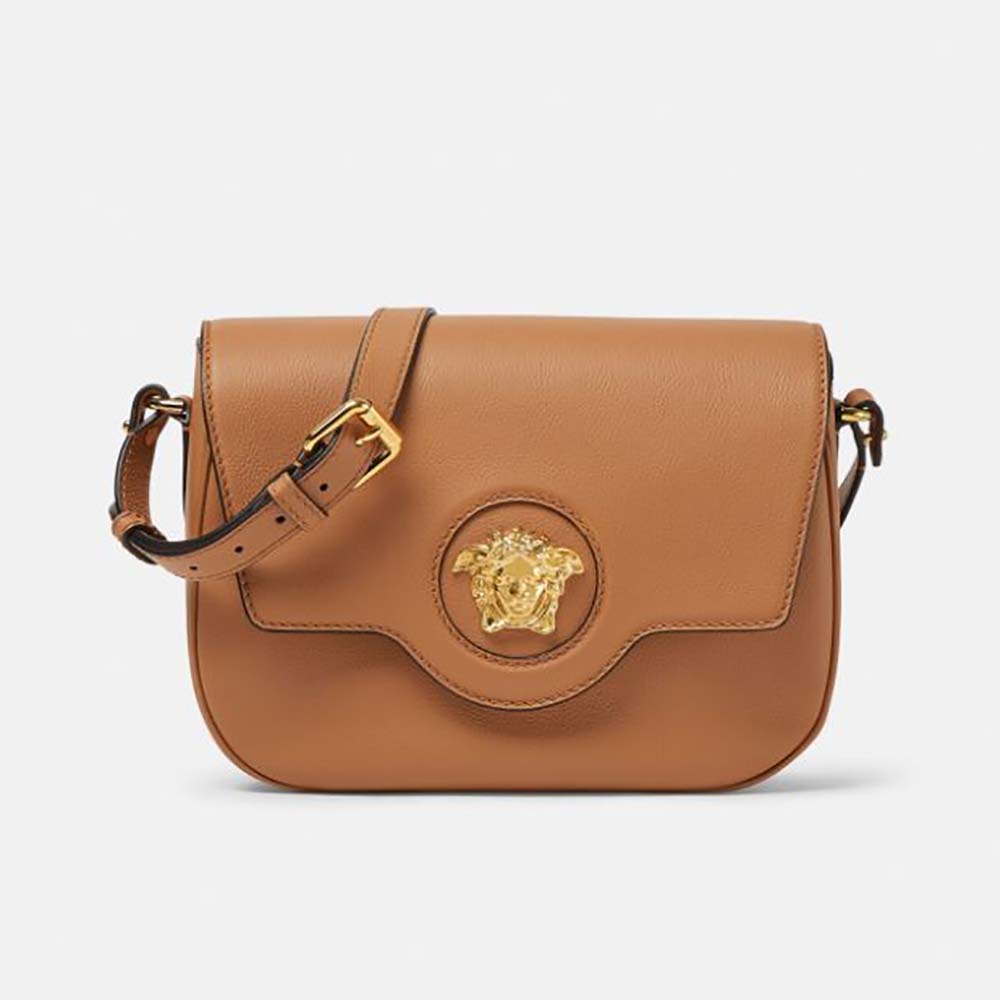 Front view of Versace Women La Medusa Shoulder Bag-Brown with gold Medusa emblem