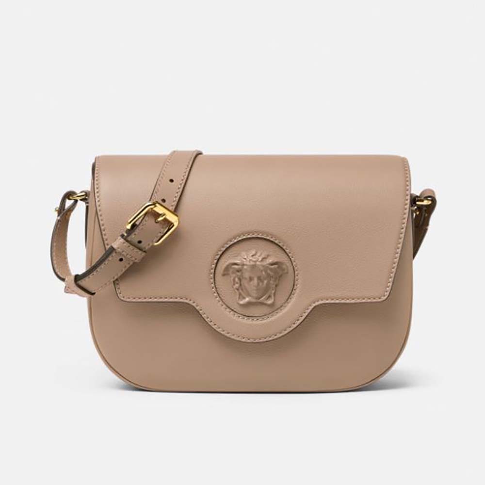 Front view of Versace Women La Medusa Shoulder Bag-Sandy showing Medusa clasp