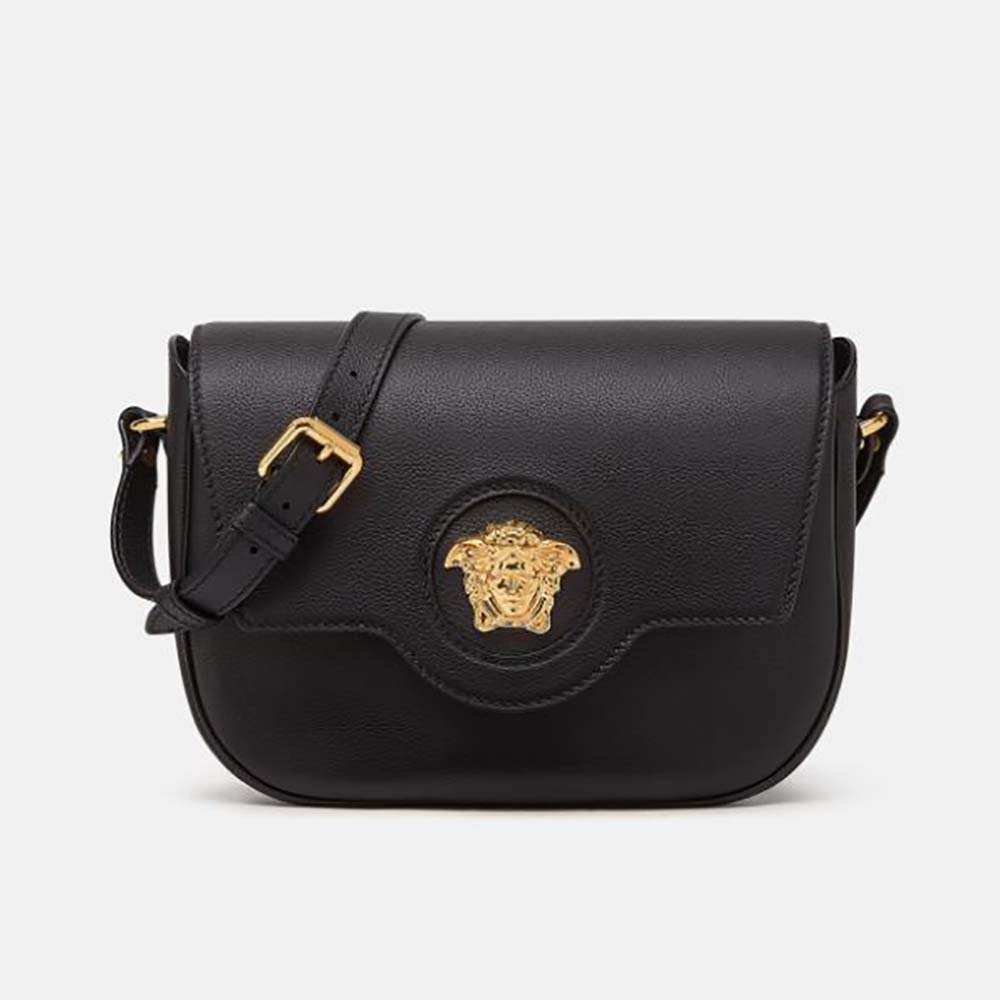 Front view of Versace Women La Medusa Shoulder Bag-Black with gold emblem
