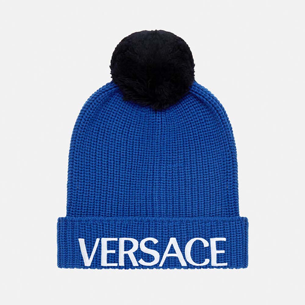Front view of Versace Women Logo Wool Cap Crafted From Plush in blue