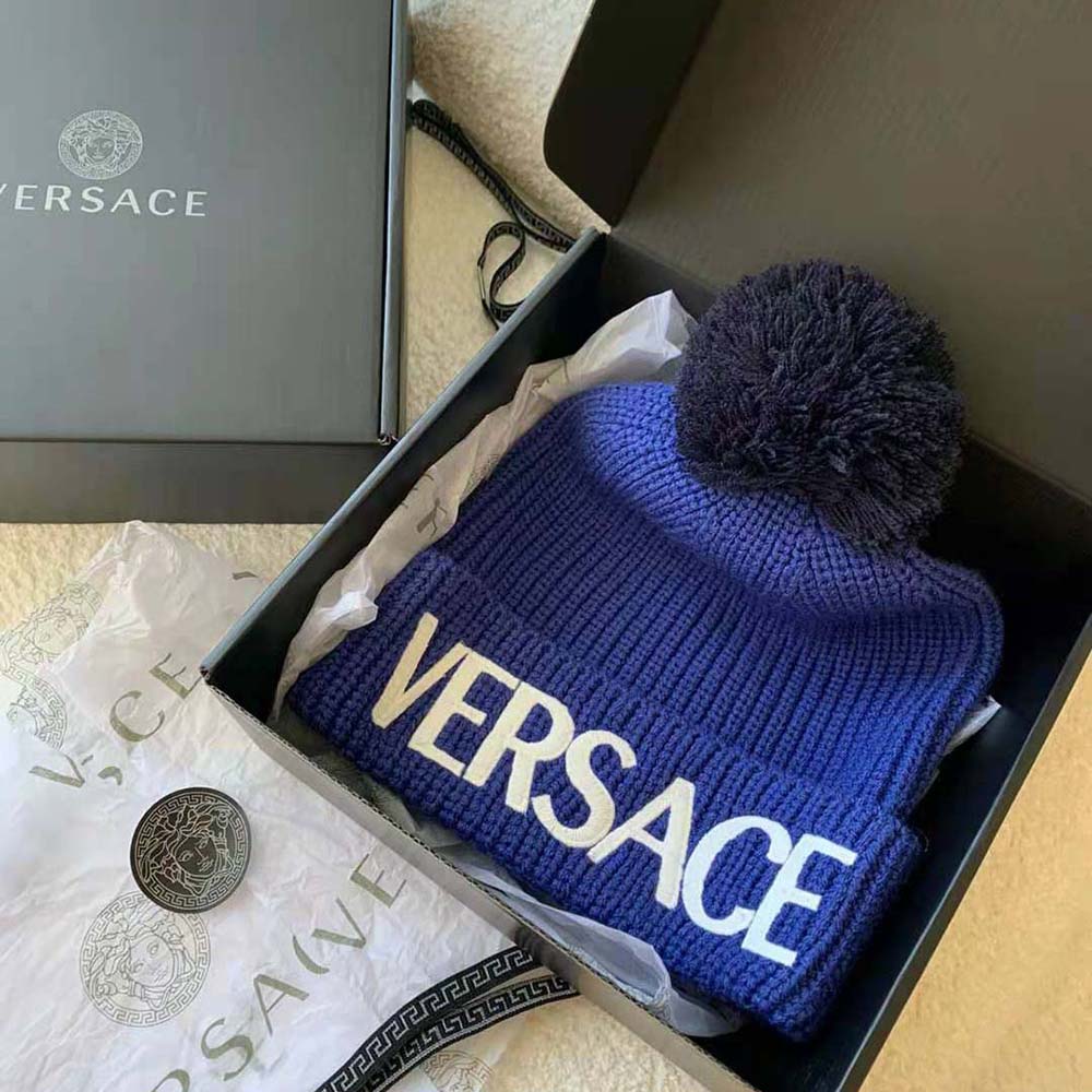 Close-up of embroidered logo detail on Versace Women Logo Wool Cap Crafted From Plush