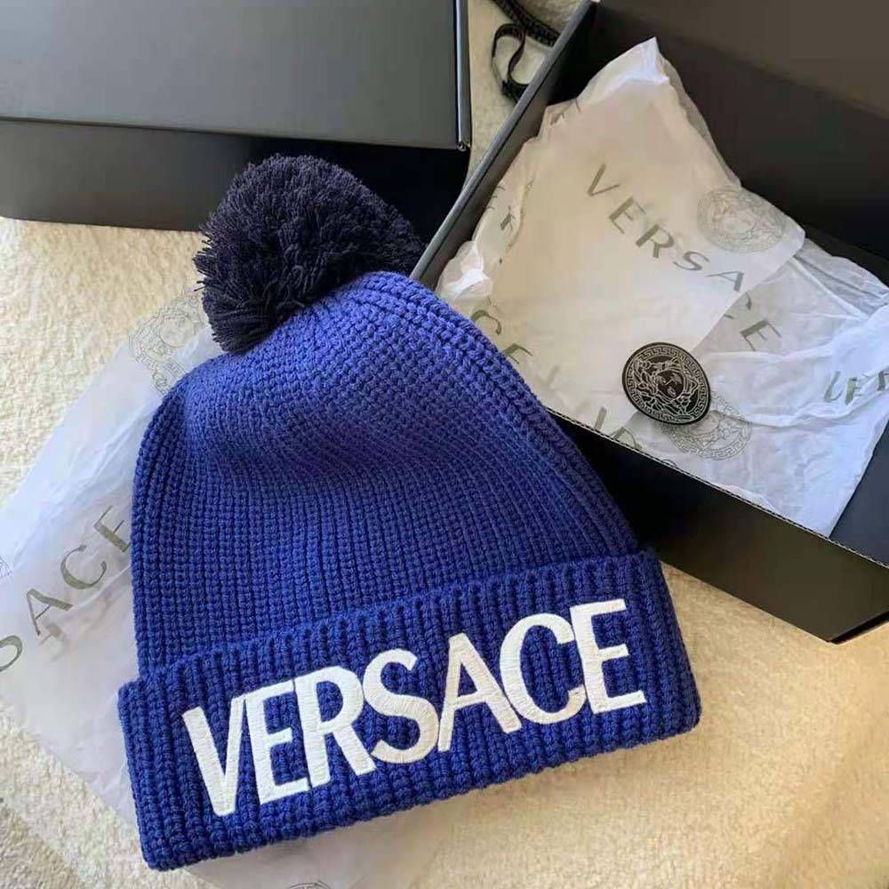 Side angle of plush wool texture on Versace Women Logo Wool Cap Crafted From Plush