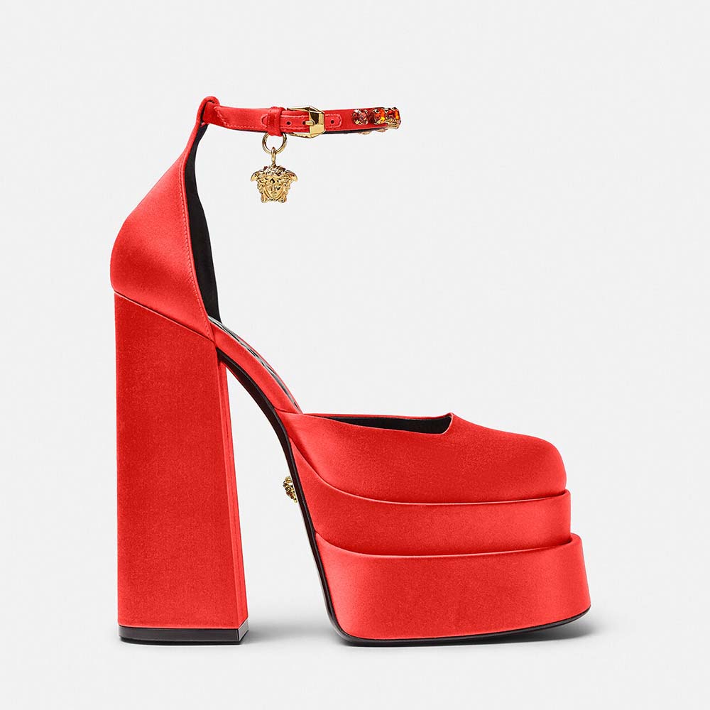 Side view of Versace Women Medusa Aevitas Platform Pumps-Red showing heel height