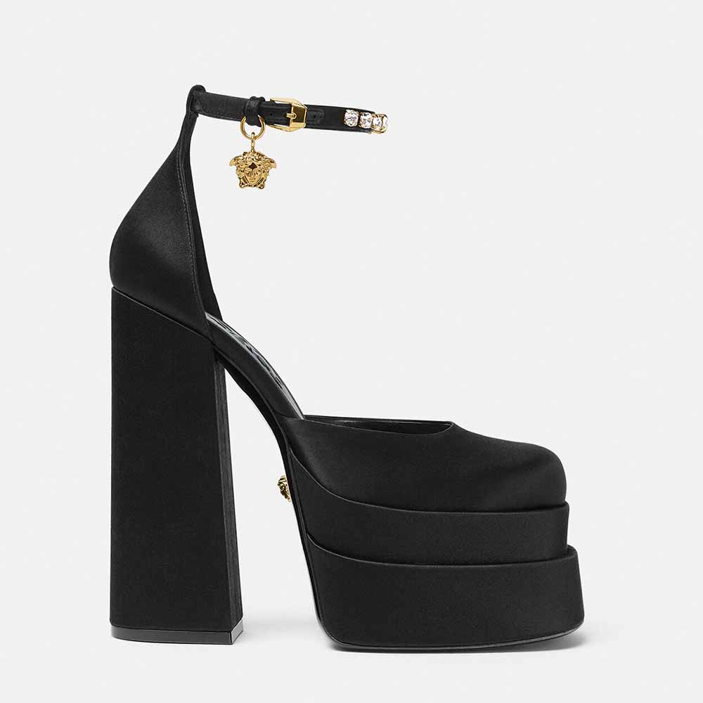 Side view of Versace Women Medusa Aevitas Platform Pumps-Black showing high heel