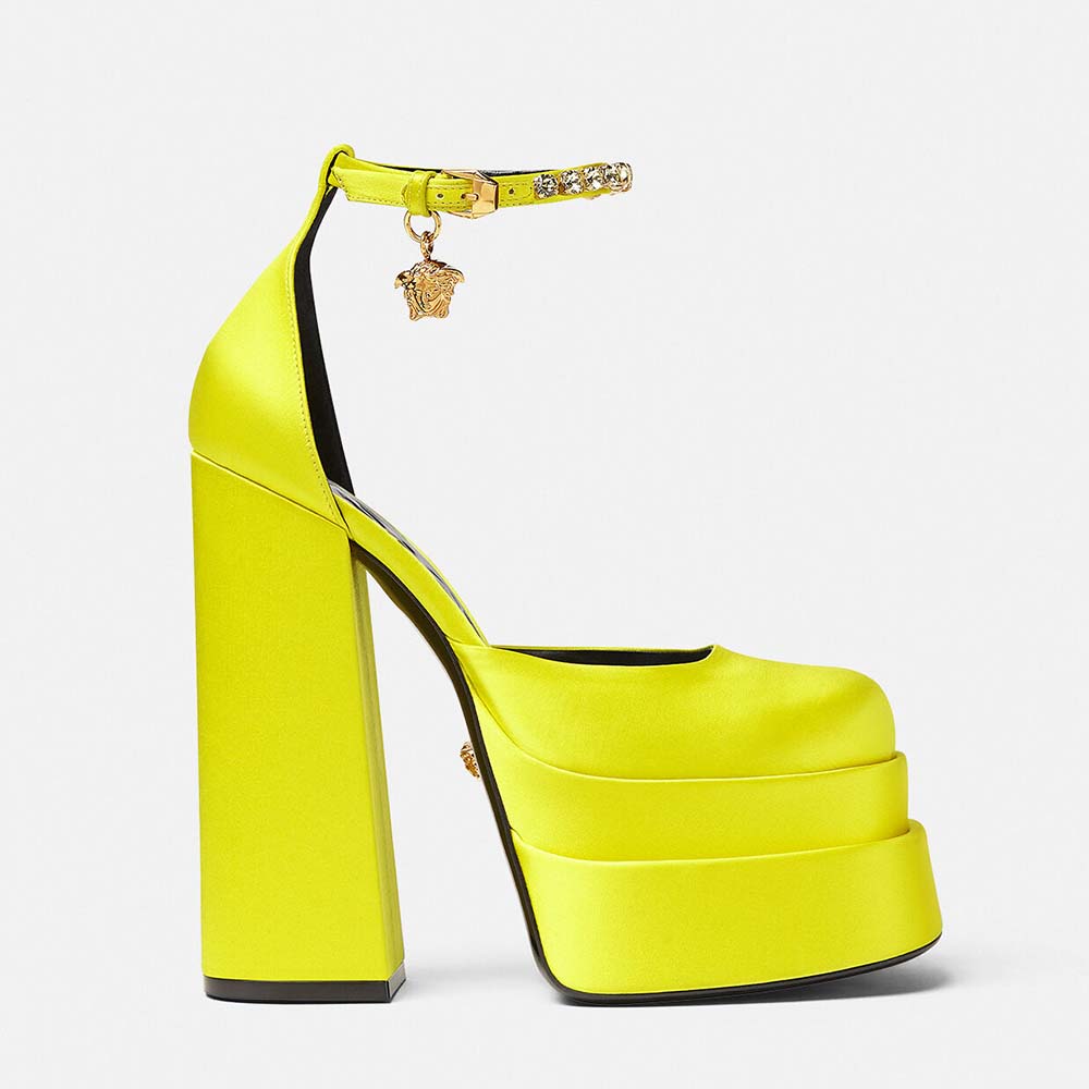 Side view of Versace Women Medusa Aevitas Platform Pumps-Yellow showing heel
