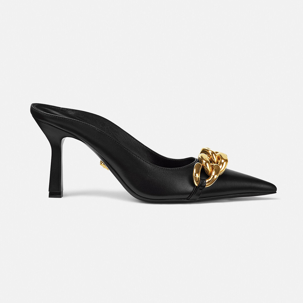 Side view of Versace Women Medusa Chain Nappa Leather Mules-Black