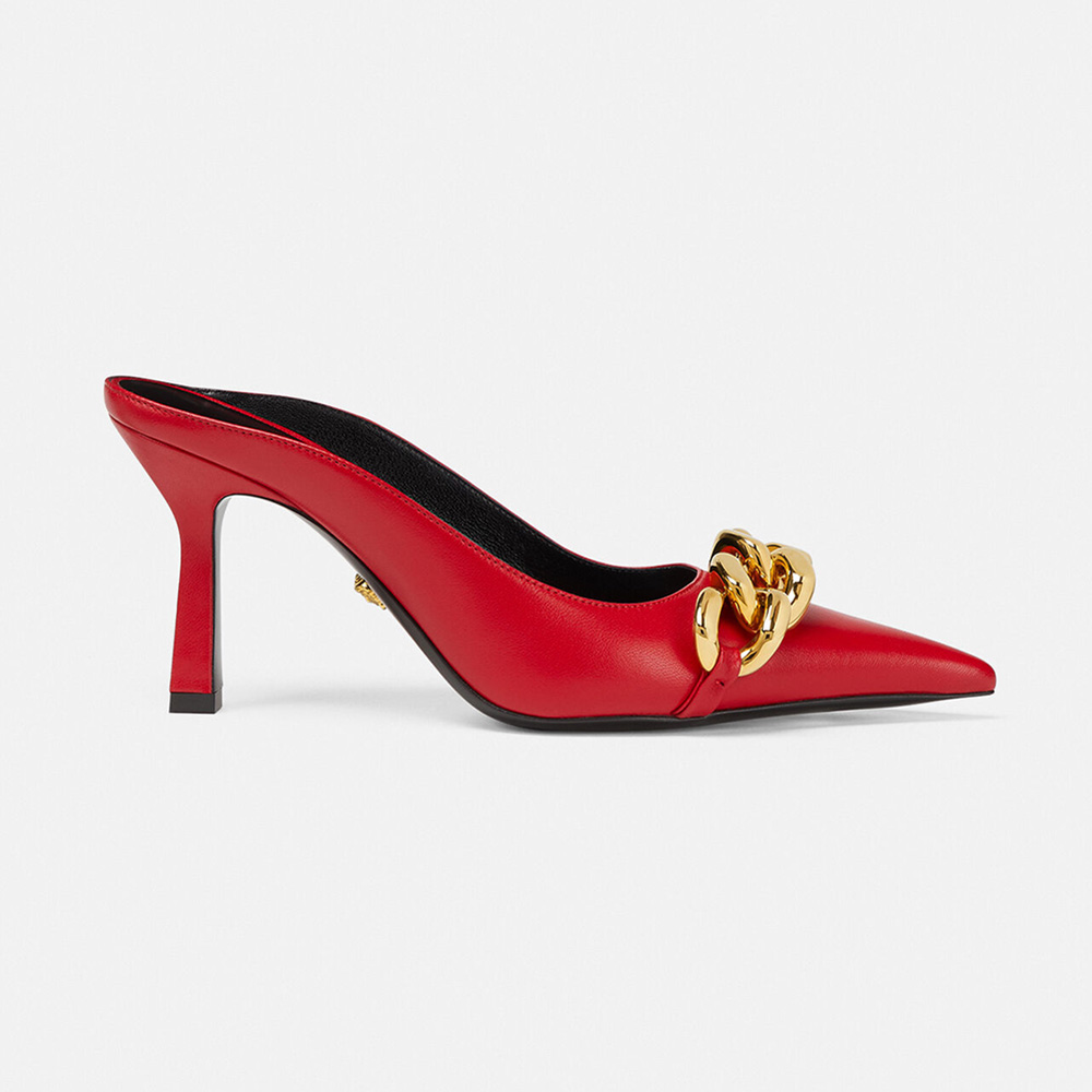 Side view of Versace Women Medusa Chain Nappa Leather Mules-Red