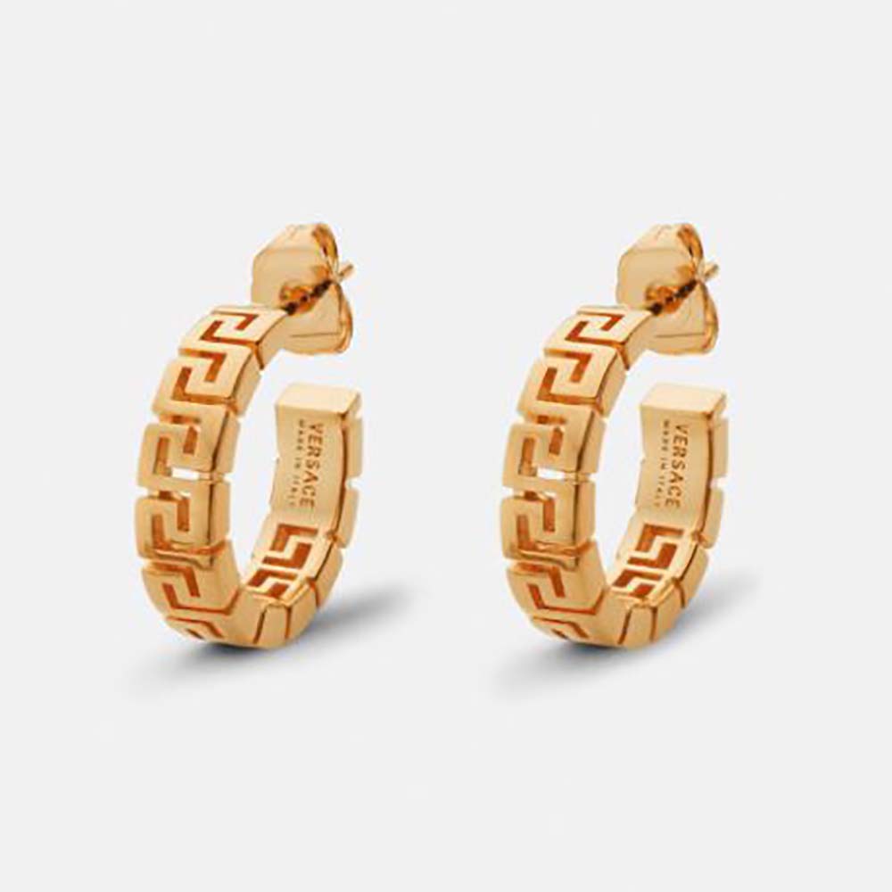 Front view of Versace Women Small Greca Hoop Earrings-Gold showing embossed Greca pattern