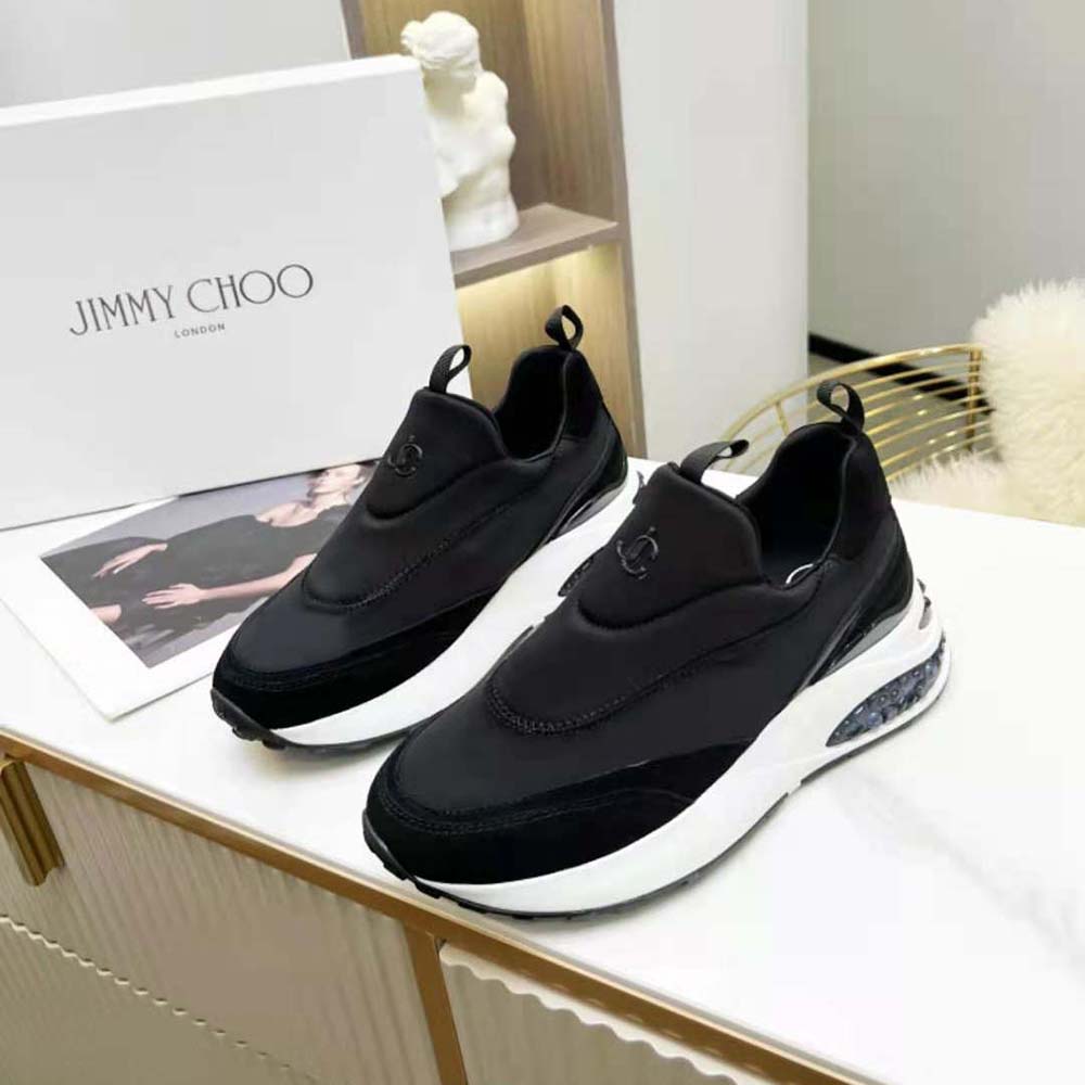 Top view showing lacing and sleek silhouette of Jimmy Choo Memphis/F Black trainers
