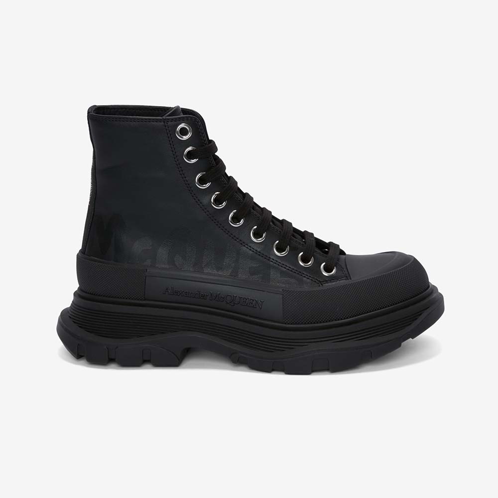 Side profile of Alexander Mcqueen Women Tread Slick Boot Black Polyfaille Lace-up Boot