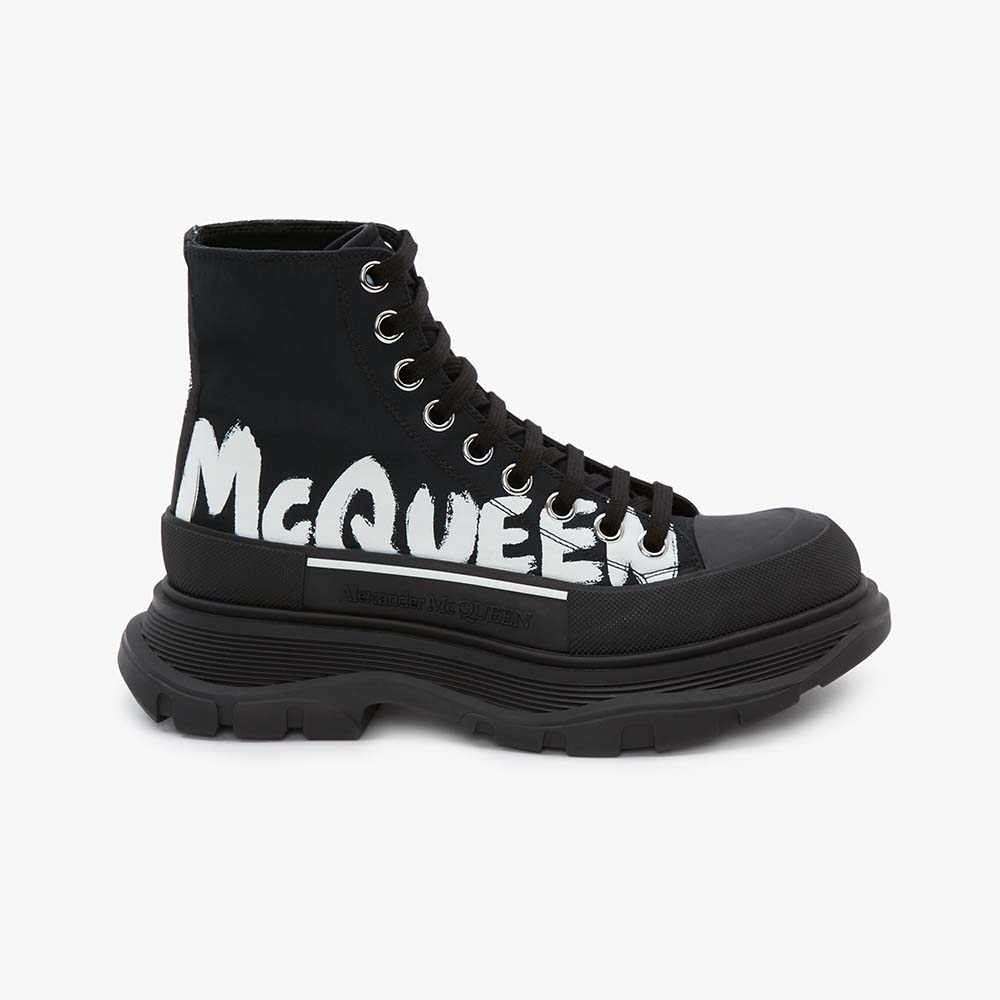 Side profile of Alexander Mcqueen Women Tread Slick Boot black white