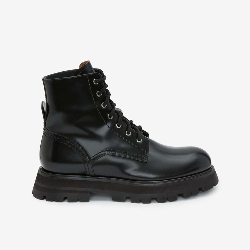 Side view of Alexander Mcqueen Women Wander Black Shiny Spazzolato Calf Leather Lace-up Boot
