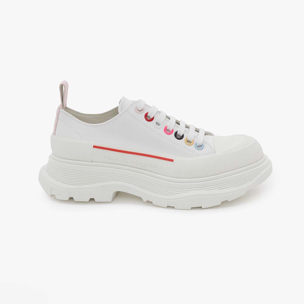 Side profile of Alexander Mcqueen Women White Canvas Tread Slick Lace Up sneakers
