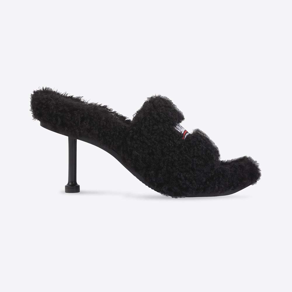 Side profile of Balenciaga Women Furry 80mm Sandal black faux shearling