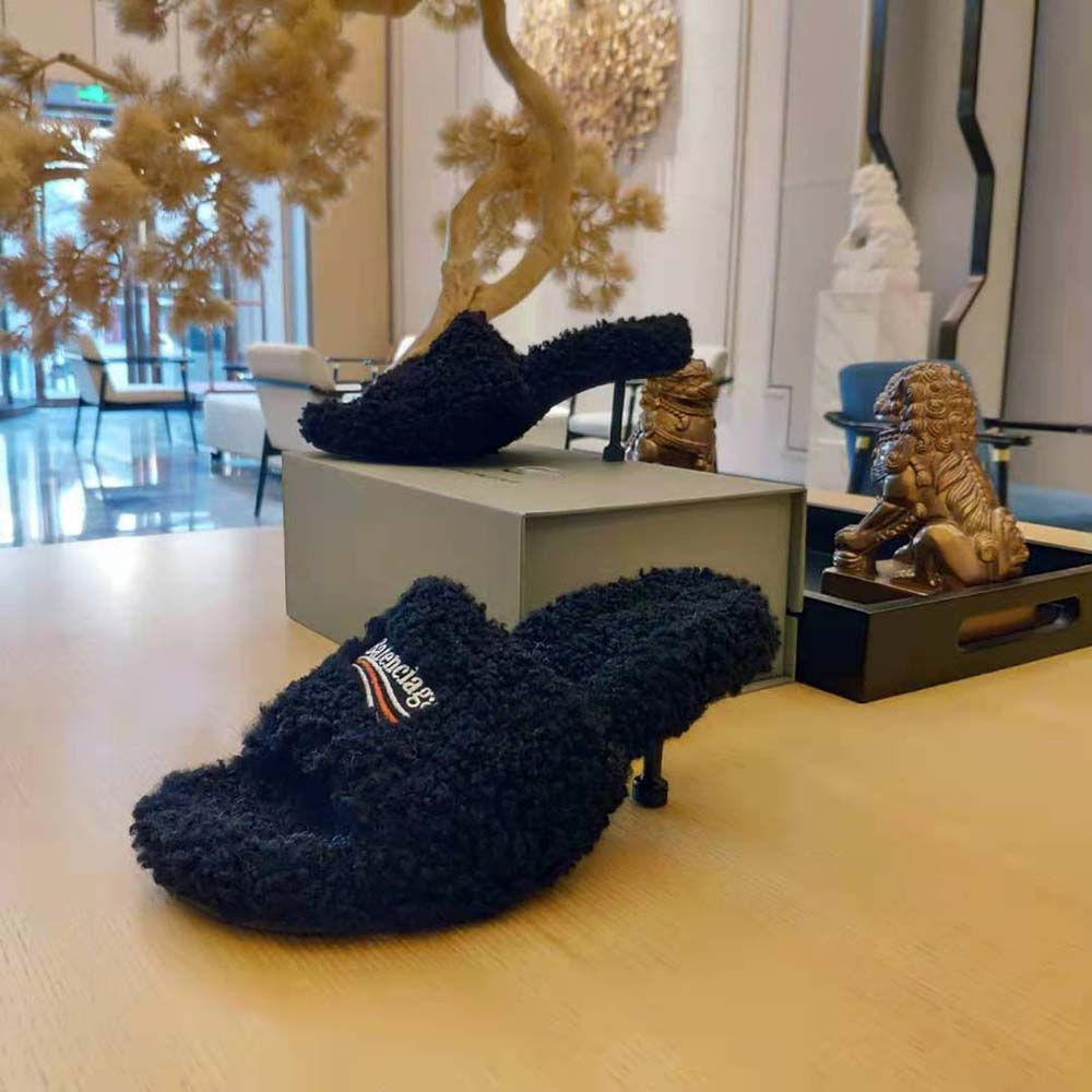 Balenciaga Women Furry 80mm Sandal in Black Fake Shearling - image 5