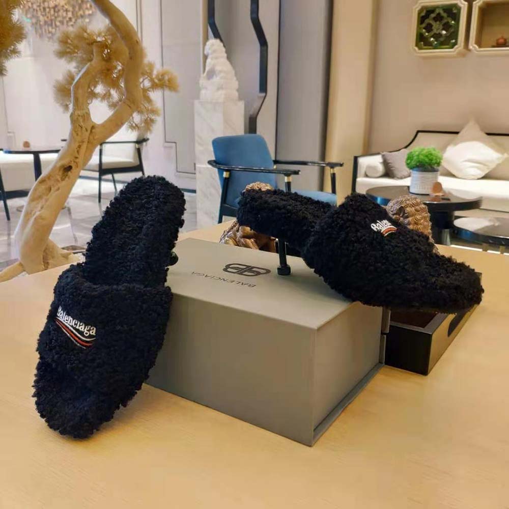 Balenciaga Women Furry 80mm Sandal in Black Fake Shearling - image 4