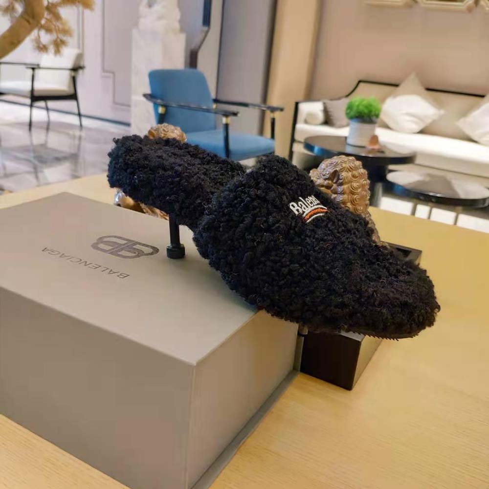 Balenciaga Women Furry 80mm Sandal in Black Fake Shearling - image 7