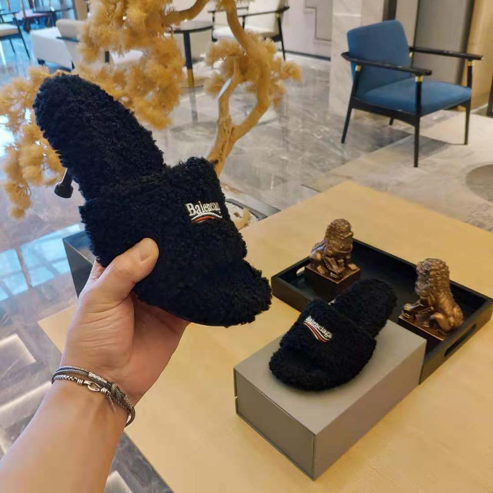 Balenciaga Women Furry 80mm Sandal in Black Fake Shearling - image 6