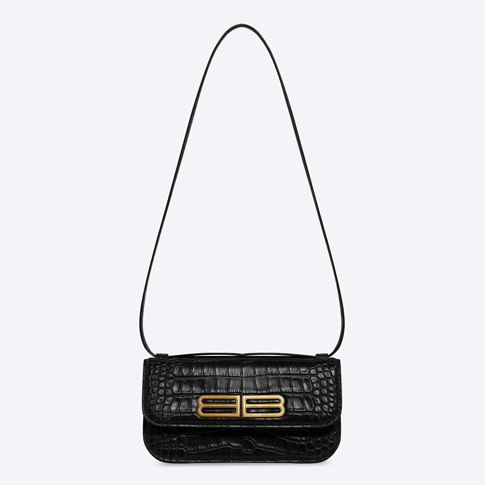 Front view of Balenciaga Women Gossip Small Bag in black crocodile embossed calfskin