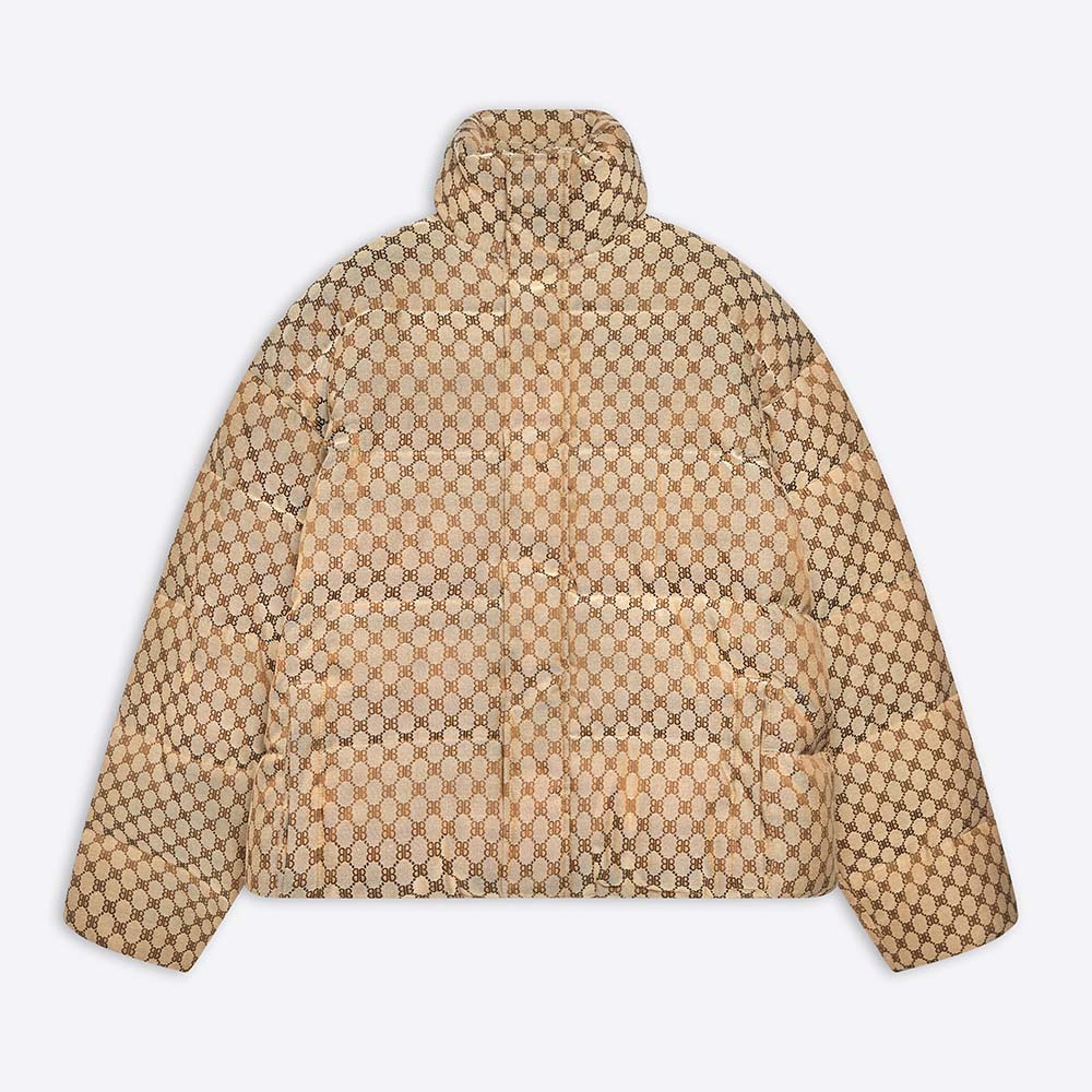 Front view of Balenciaga Women Hacker BB Puffer in beige and brown jacquard