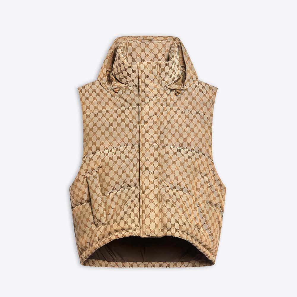 Front view of Balenciaga Women Hacker Cocoon Puffer Gilet in brown canvas jacquard