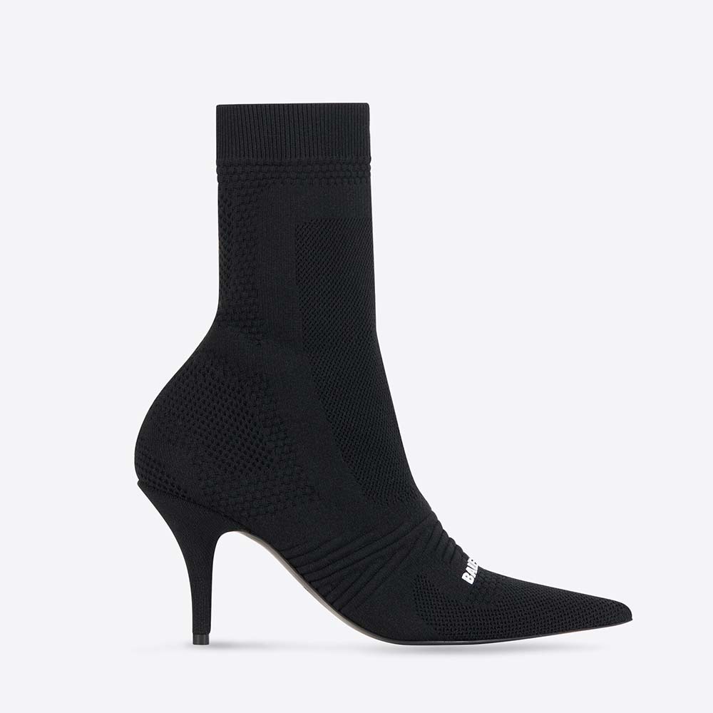Side view of Balenciaga Women Knife 2.0 80mm Bootie in black and white recycled knit