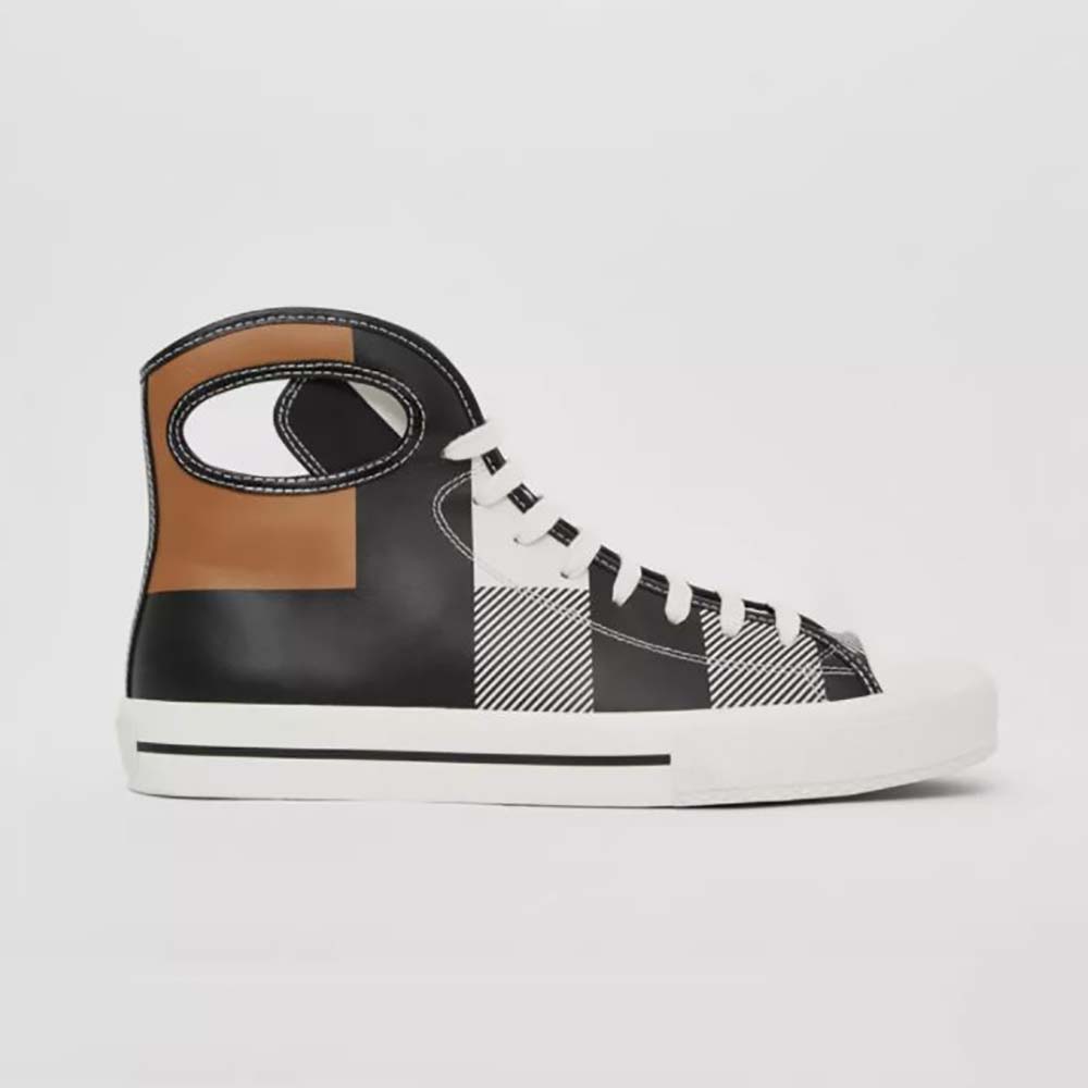 Side view of Burberry Men Porthole Detail Check Print Leather High-top Sneakers