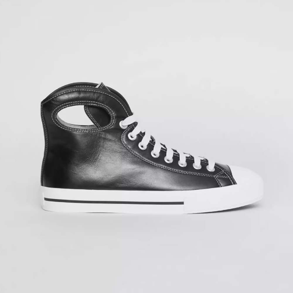 Side profile of Burberry Men Porthole Detail Leather High-top Sneakers-Black