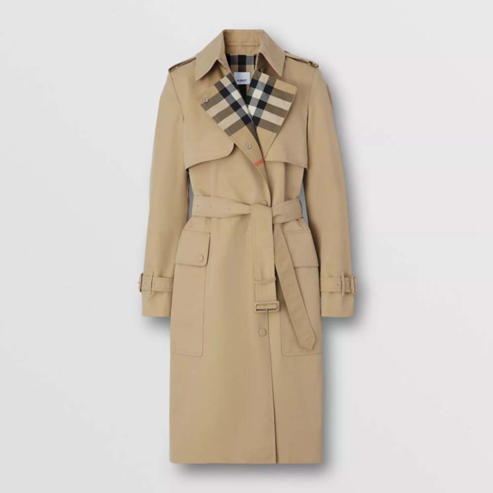 Front view of Burberry Women Check Panel Cotton Gabardine Trench Coat-Beige
