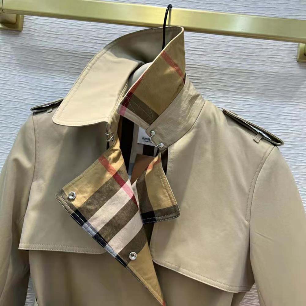 Burberry Women Check Panel Cotton Gabardine Trench Coat-Beige - image 6