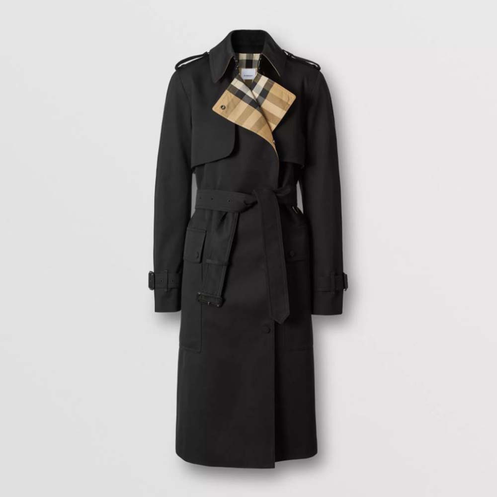 Front view of Burberry Women Check Panel Cotton Gabardine Trench Coat-Black showing button detail