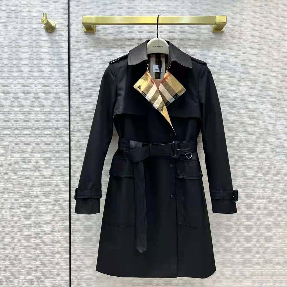 Close-up of Burberry signature check panel lining inside trench coat