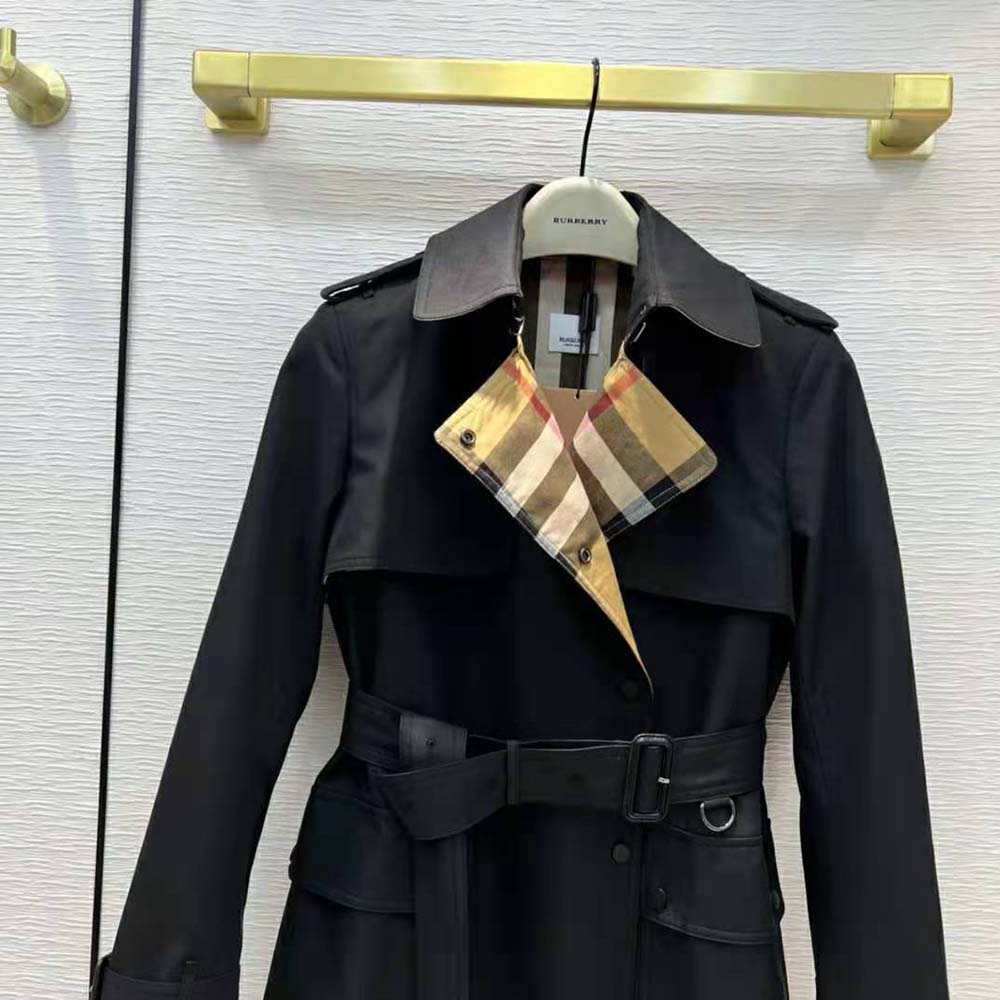 Burberry Women Check Panel Cotton Gabardine Trench Coat-Black - image 4