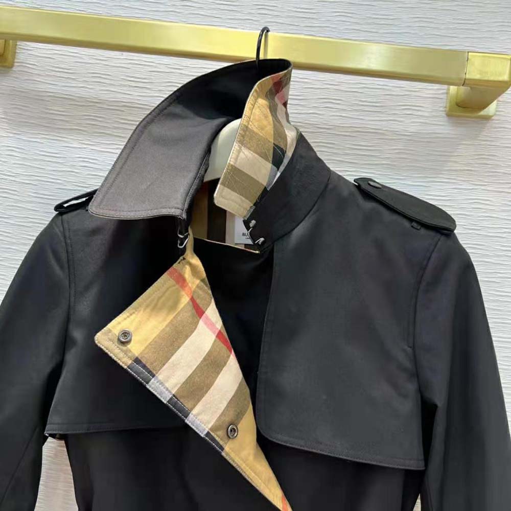 Burberry Women Check Panel Cotton Gabardine Trench Coat-Black - image 6
