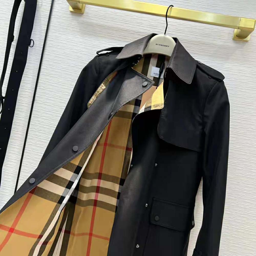 Burberry Women Check Panel Cotton Gabardine Trench Coat-Black - image 5