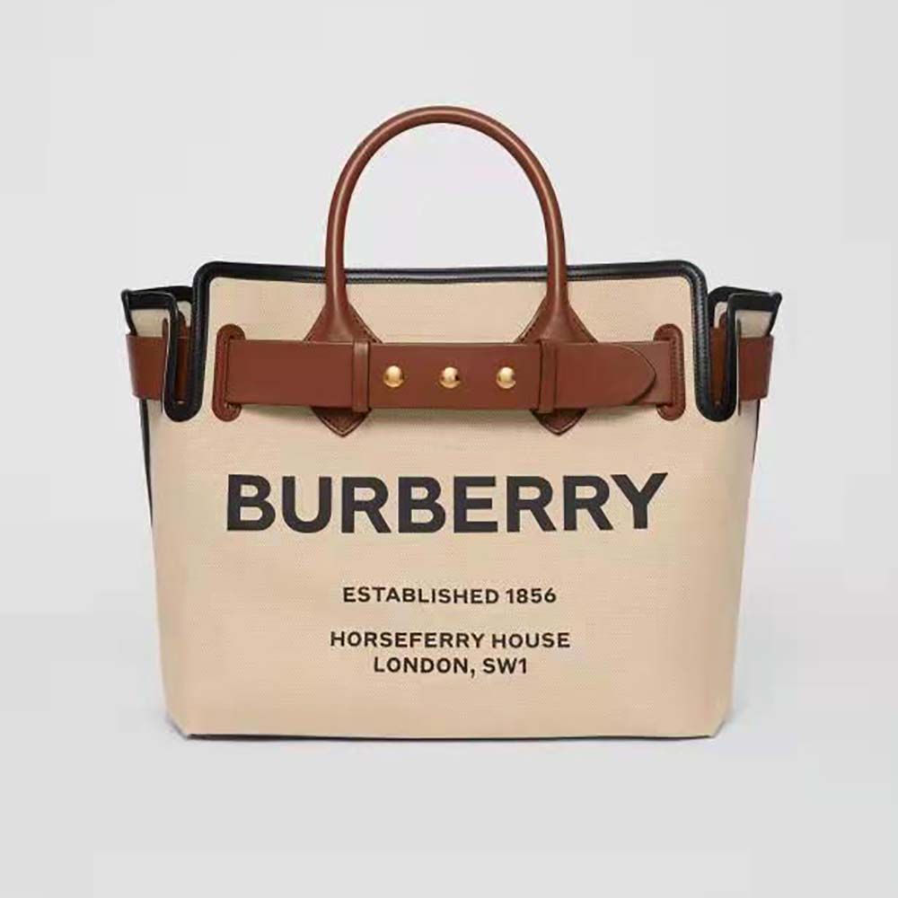 Front view of Burberry Women Horseferry Soft Cotton Canvas Belt Tote Bag in beige