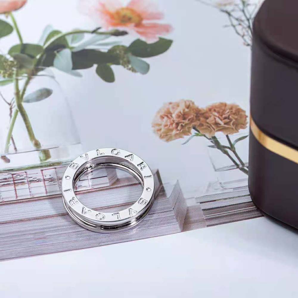Side angle detail showing Bvlgari engraving on white gold ring
