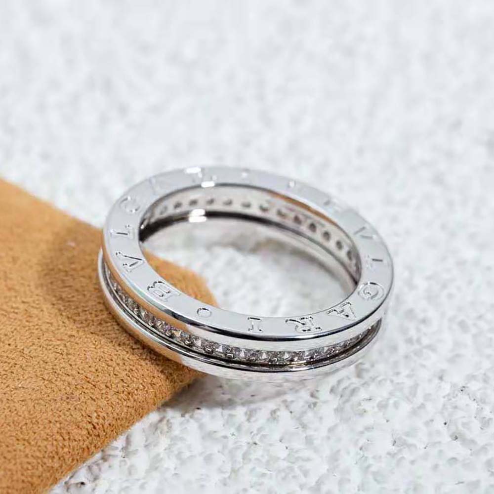 Top angle showing pave diamonds on Bvlgari Women B.zero1 One-Band Ring