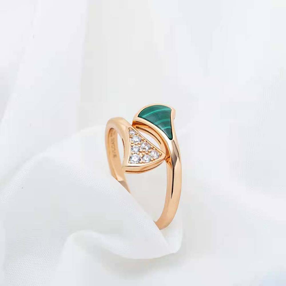 Overhead shot highlighting green malachite and polished rose gold finish