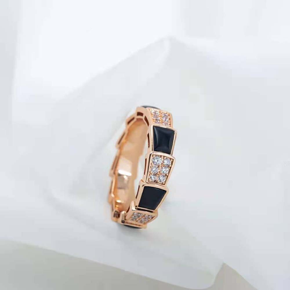 Bvlgari Women Serpenti Viper Band Ring worn on hand, black enamel visible