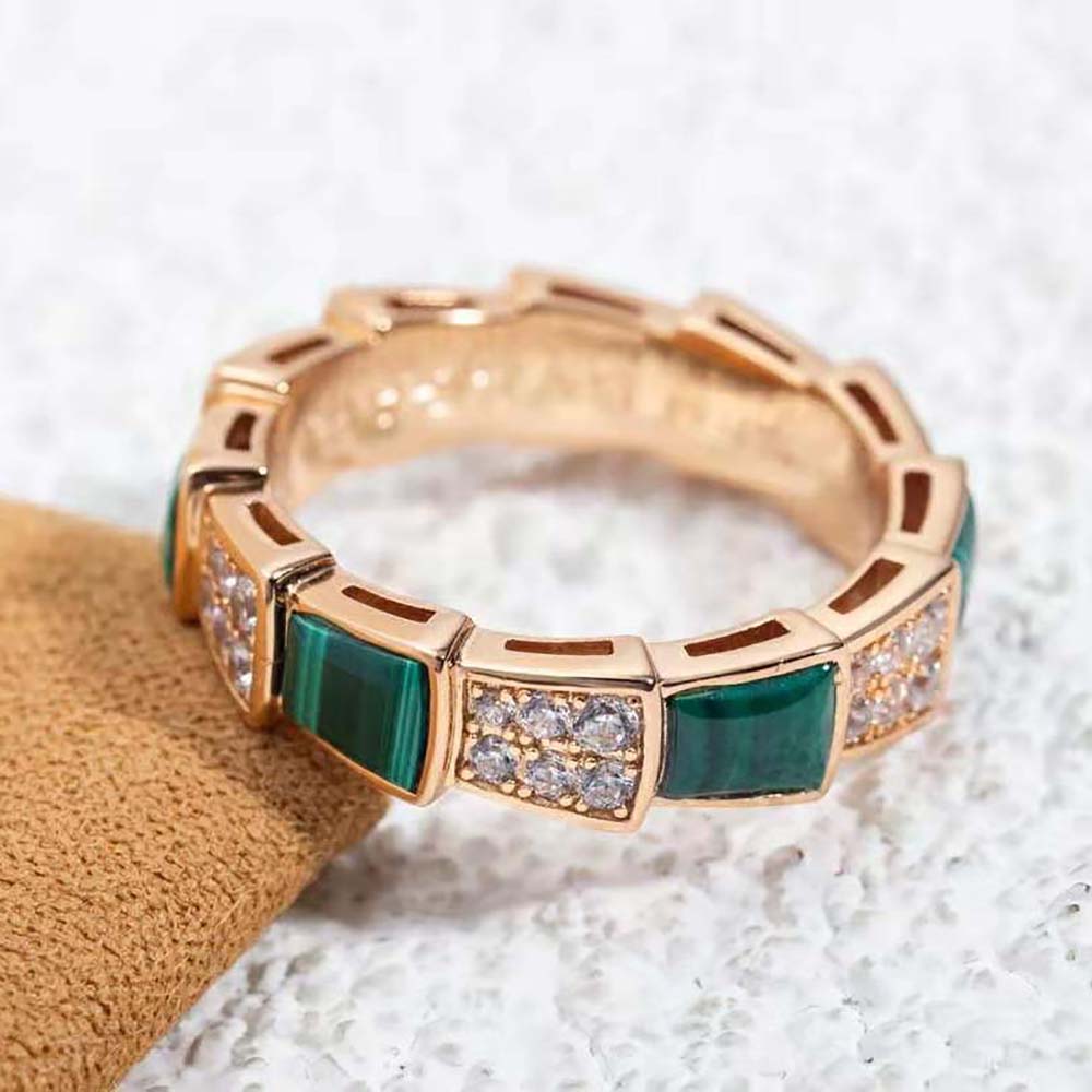 Bvlgari Women Serpenti Viper Band Ring highlighting green enamel on rose gold