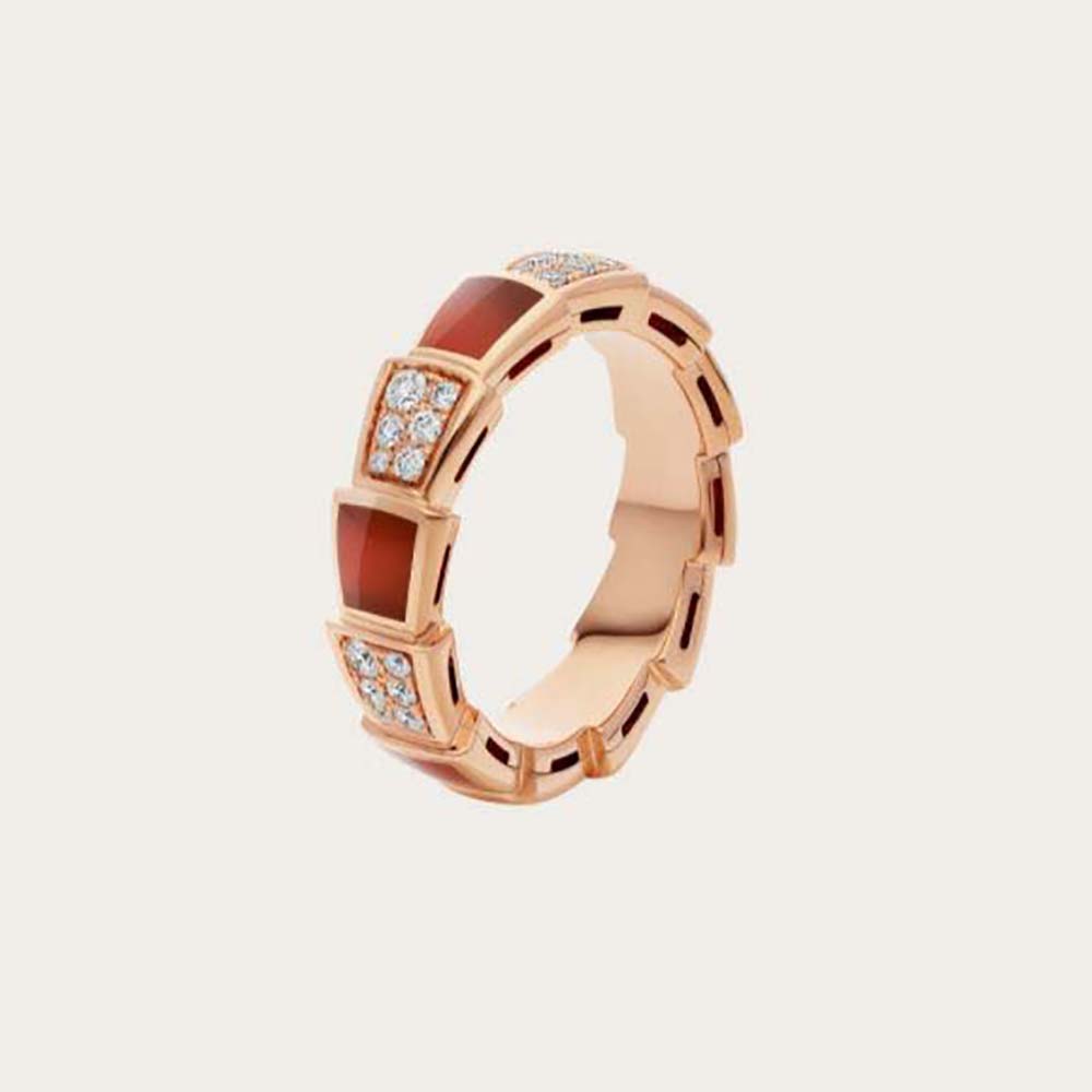 Close-up of Bvlgari Women Serpenti Viper Band Ring in 18 KT Rose Gold-Red