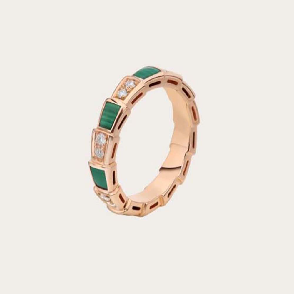 Close-up of Bvlgari Women Use of Unconventional Materials Serpenti Viper Ring-Green showing serpent head detail