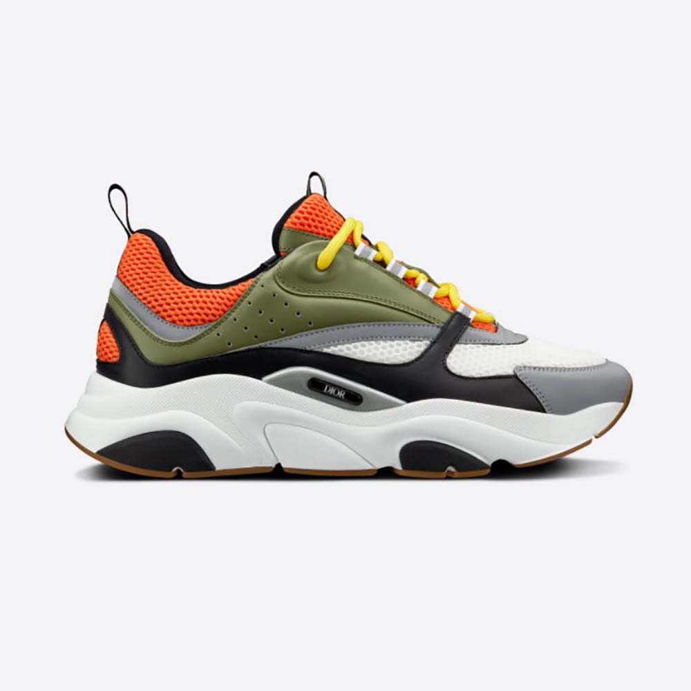 Side view of Dior Men B22 Sneaker Orange and White Technical Mesh