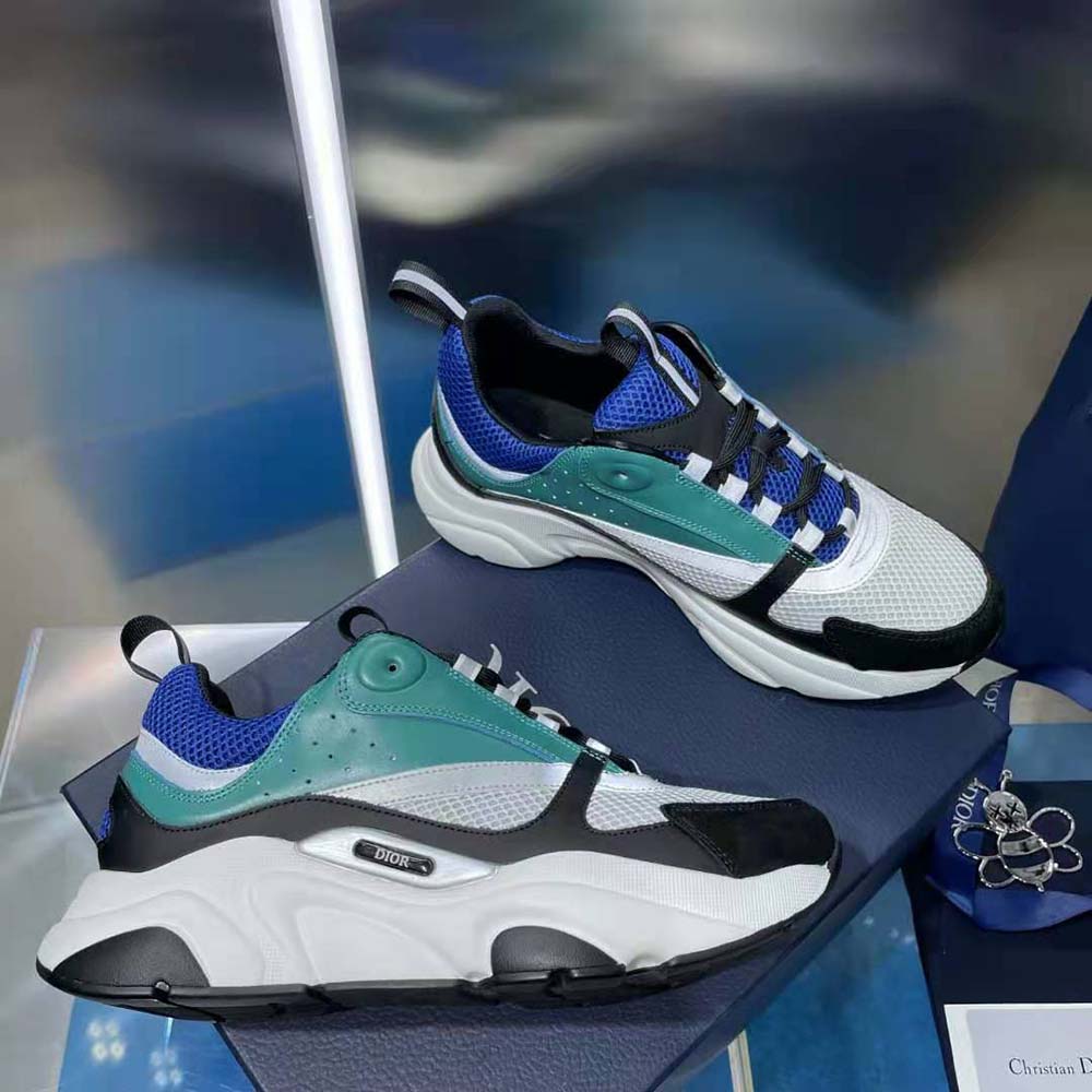 Dior Men B22 Sneaker White and Blue Technical Mesh with Deep Green and Black Smooth Calfskin - image 4