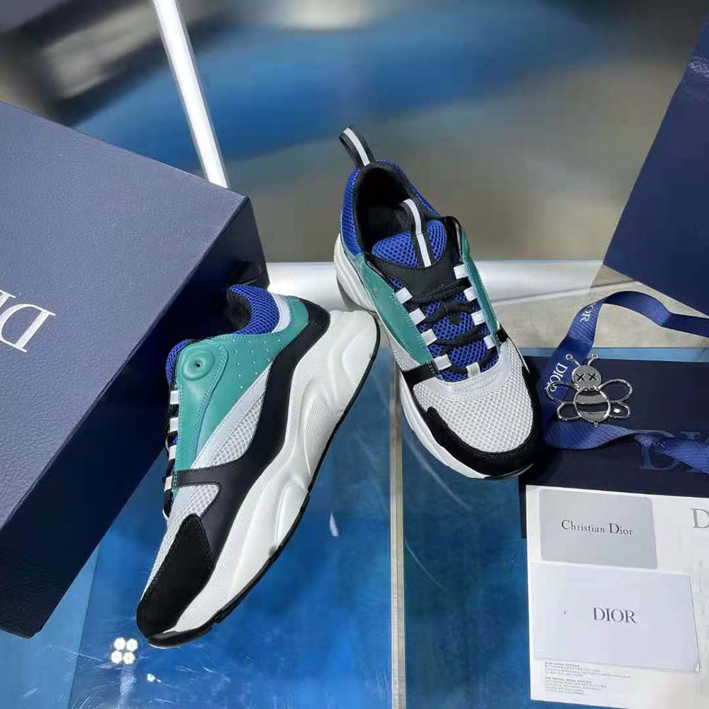 Dior Men B22 Sneaker White and Blue Technical Mesh with Deep Green and Black Smooth Calfskin - image 6