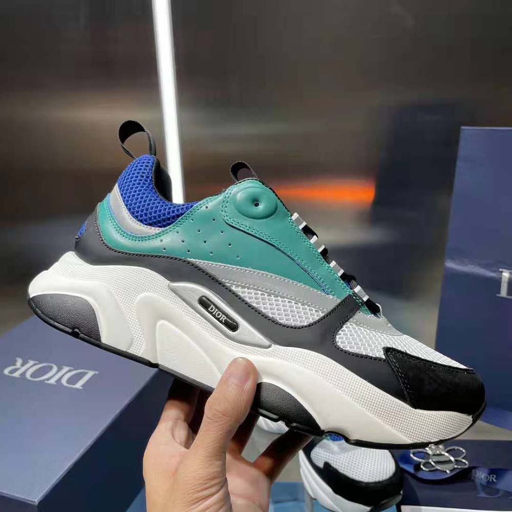 Dior Men B22 Sneaker White and Blue Technical Mesh with Deep Green and Black Smooth Calfskin - image 9