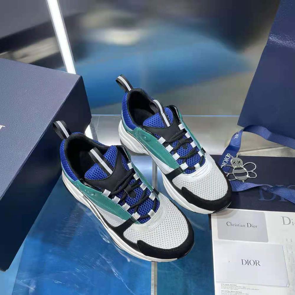 Dior Men B22 Sneaker White and Blue Technical Mesh with Deep Green and Black Smooth Calfskin - image 5